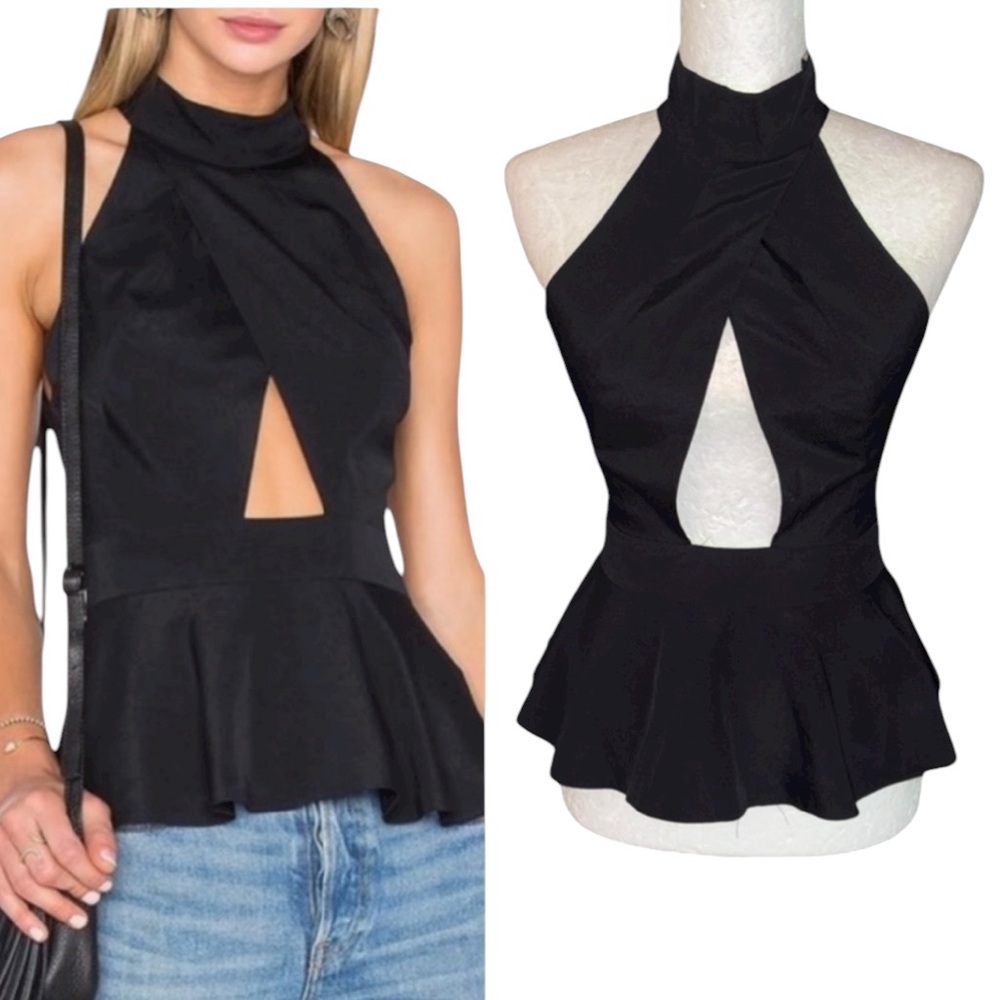 House of Harlow 1960 x Revolve Black Cutout High Neck Peplum Top - XS
